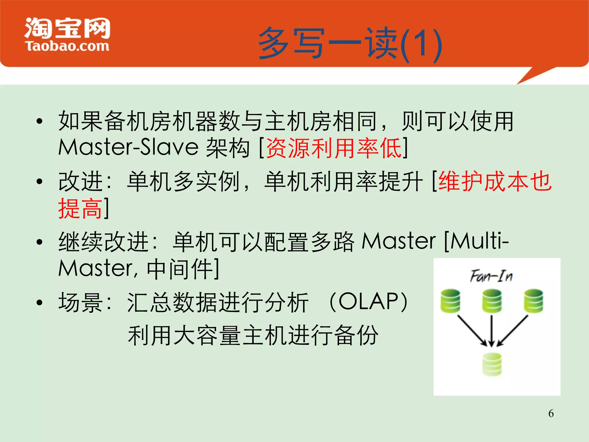 多写一读(1) •  如果备机房机器数与主机房相同，则可以使用 Master-Slave 架构 [资源利用率低]  •  改进：单机多实例，单机利用率提升 [维护成本也 提高]  •  继续改进：单机可以配置多路 Master [Multi- Master, 中间件]  •  场景：汇总数据进行分析 （OLAP）  利用大容量主机进行备份  6 