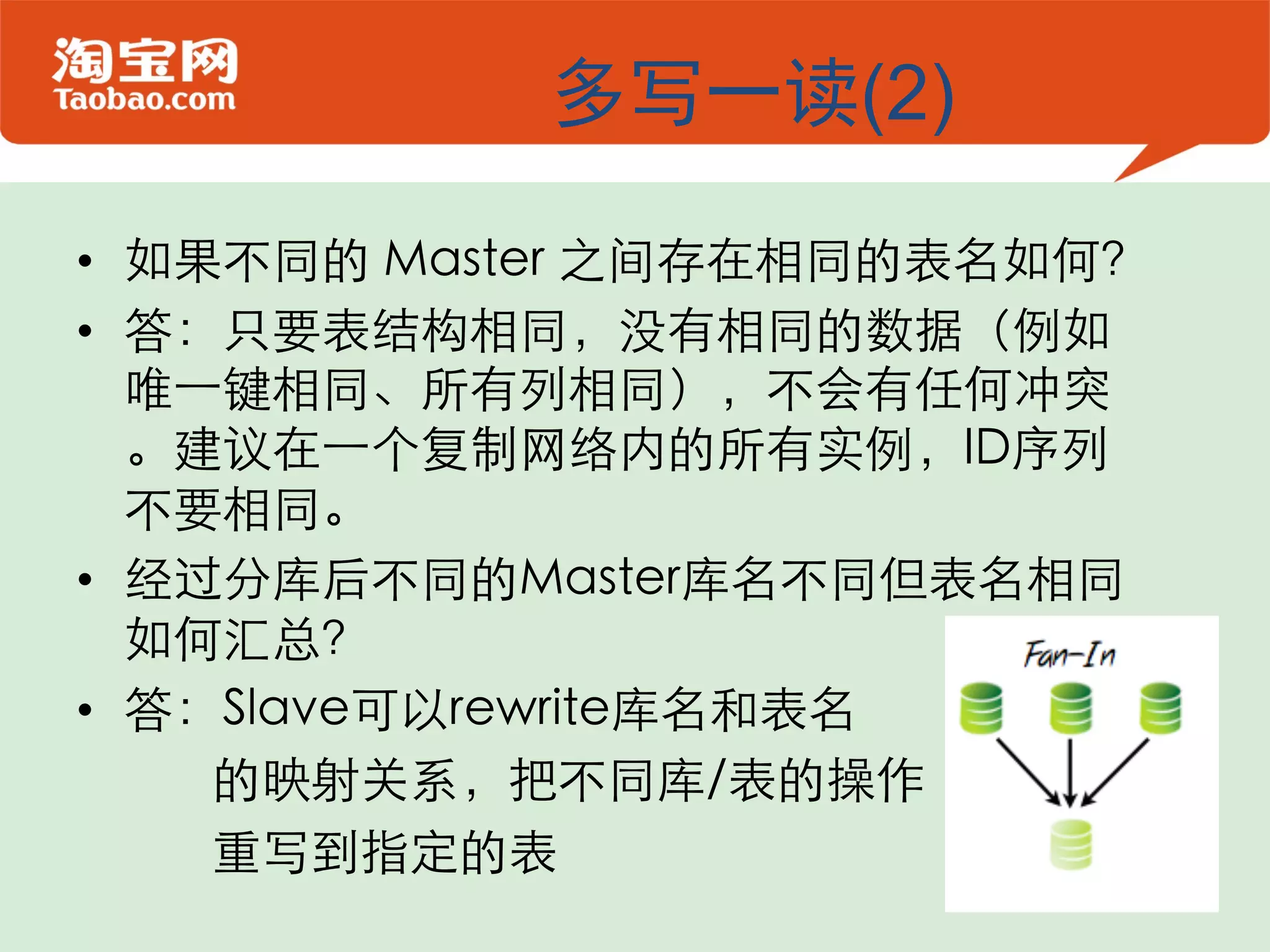 多写一读(2) •  如果不同的 Master 之间存在相同的表名如何？  •  答：只要表结构相同，没有相同的数据（例如 唯一键相同、所有列相同），不会有任何冲突 。建议在一个复制网络内的所有实例，ID序列 不要相同。  •  经过分库后不同的Master库名不同但表名相同 如何汇总？  •  答：Slave可以rewrite库名和表名  的映射关系，把不同库/表的操作  重写到指定的表  7 