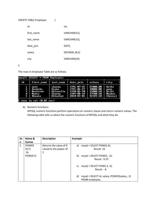Mysql Functions with examples CBSE INDIA 11th class NCERT | PDF