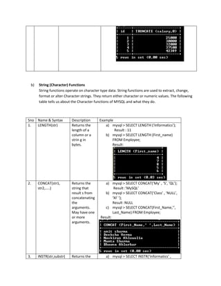 Mysql Functions with examples CBSE INDIA 11th class NCERT | PDF