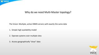 Why do we need Multi-Master topology?
The Vision: Multiple, active DBMS servers with exactly the same data
1. Simple high availability model
2. Operate systems over multiple sites
3. Access geographically “close” data
 
