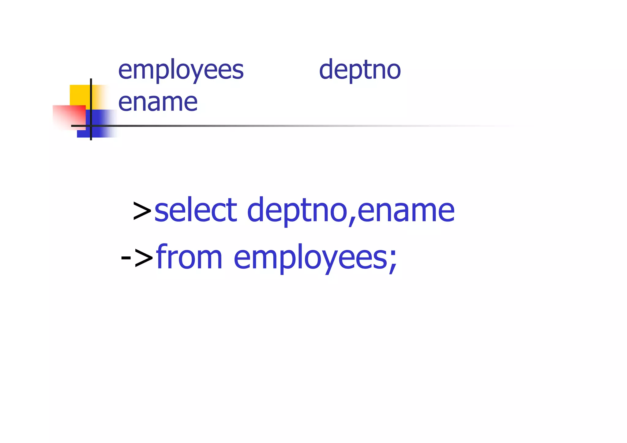 employees表からdeptno（部門番号）と ename（従業員名）を表示 
>select deptno,ename 
->from employees;  