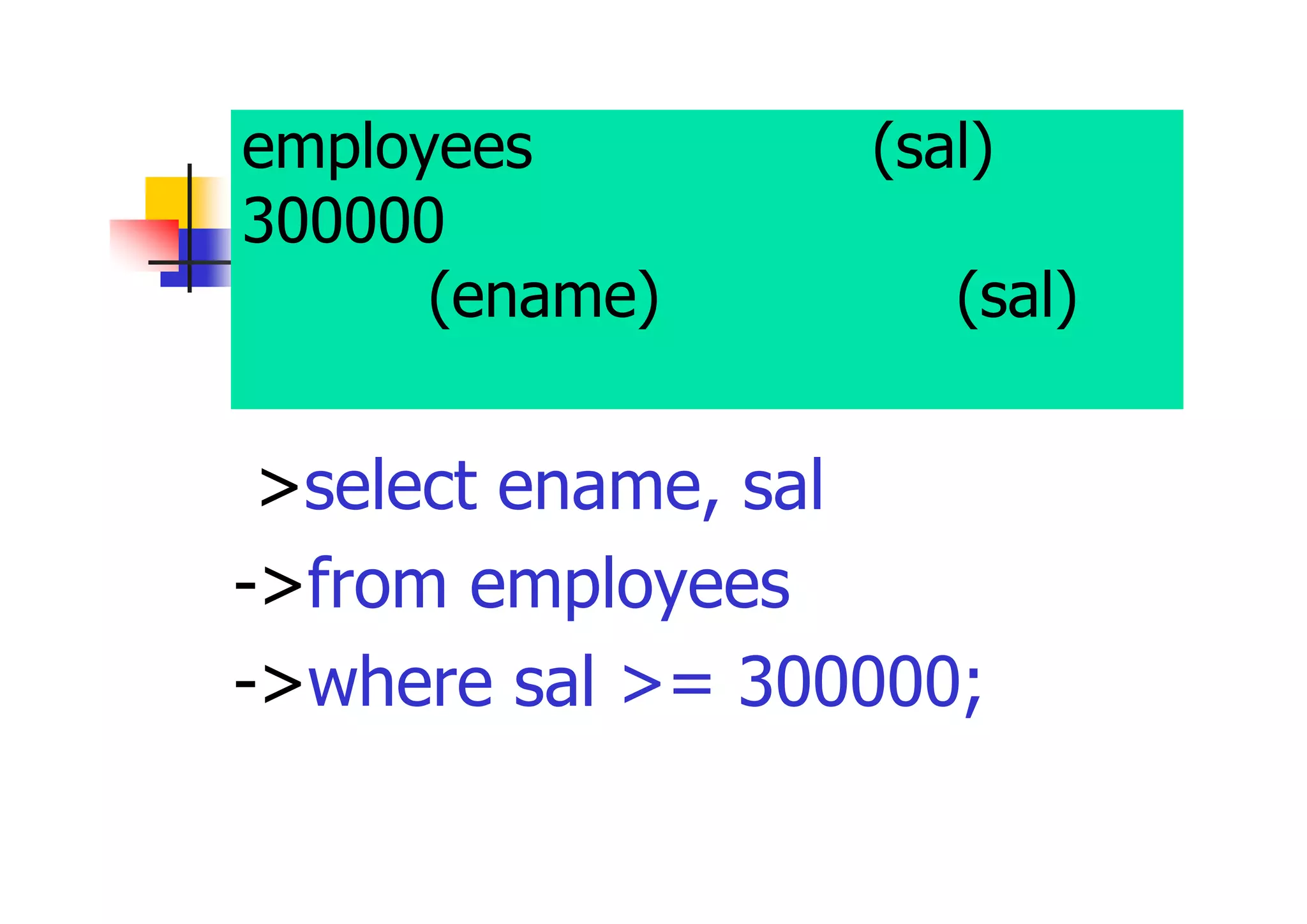 employees表から、給与(sal)が 300000以上の従業員を選択し、従 業員名(ename)および給与(sal)を 表示 
>select ename, sal 
->from employees 
->where sal >= 300000;  