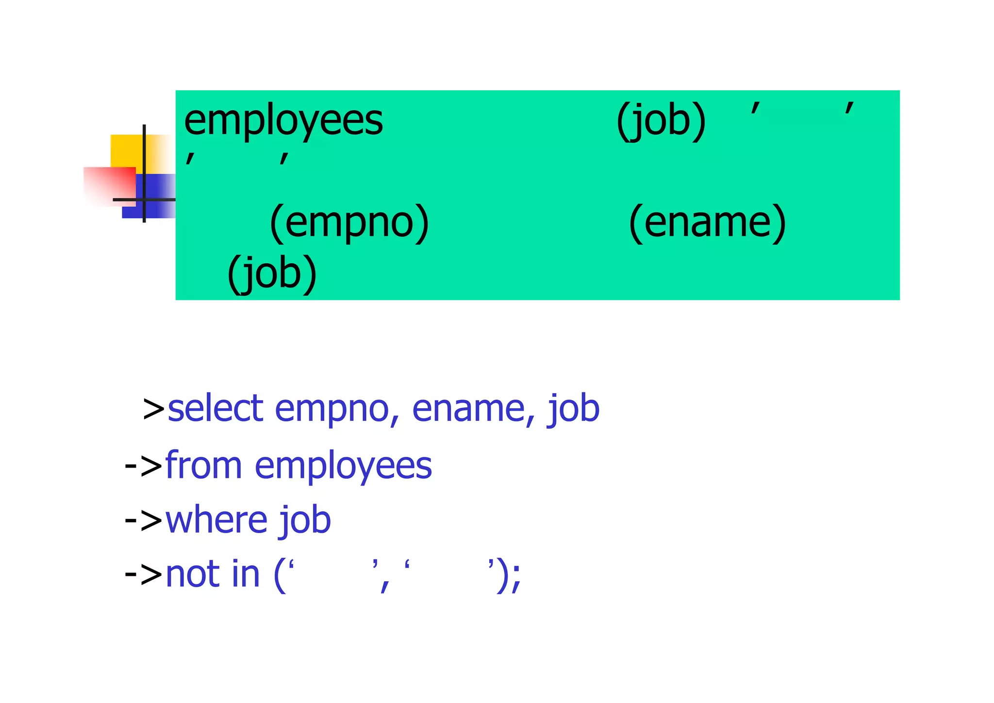 employees表から、職種(job)が’社長’、 ’営業’以外の従業員を選択して、従業員 番号(empno)、従業員名(ename)、職 種(job)を表示 
>select empno, ename, job 
->from employees 
->where job 
->not in (‘社長’, ‘営業’);  