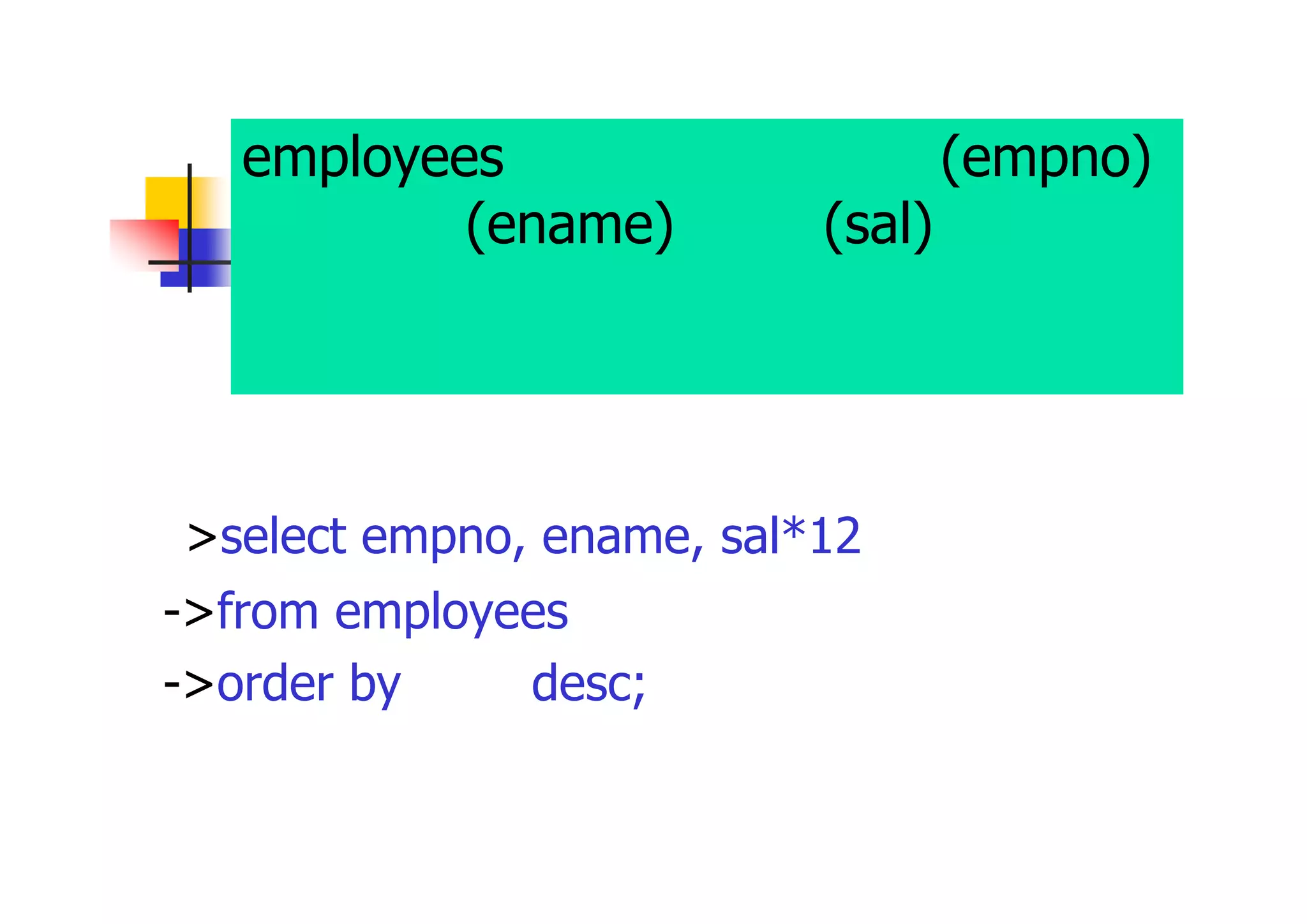 employees表から従業員番号(empno)、 従業員名(ename)、給与(sal)＊１２（列 別名 年収）を表示して、年収の降順に ソート 
>select empno, ename, sal*12 年収 
->from employees 
->order by 年収 desc;  