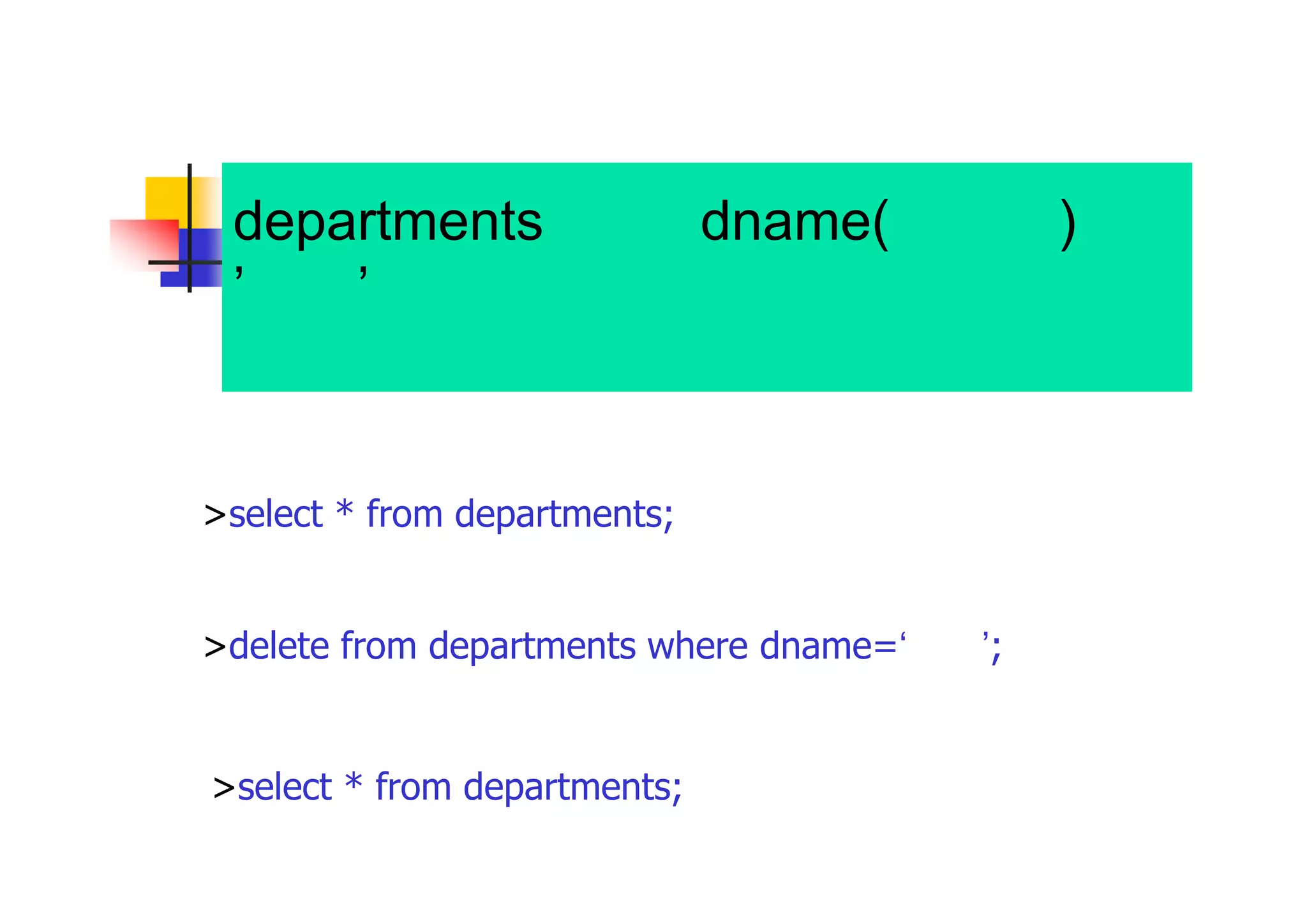 departments表からdname(部門名) ’財務’の行を削除。 また正しく削除されたことを確認。 
>select * from departments; 
>delete from departments where dname=‘法務’; 
>select * from departments;  