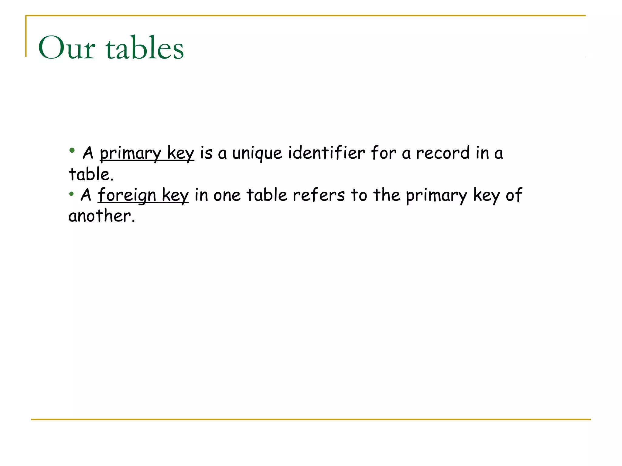 Our tables
• A primary key is a unique identifier for a record in a

table.
• A foreign key in one table refers to the primary key of
another.

 