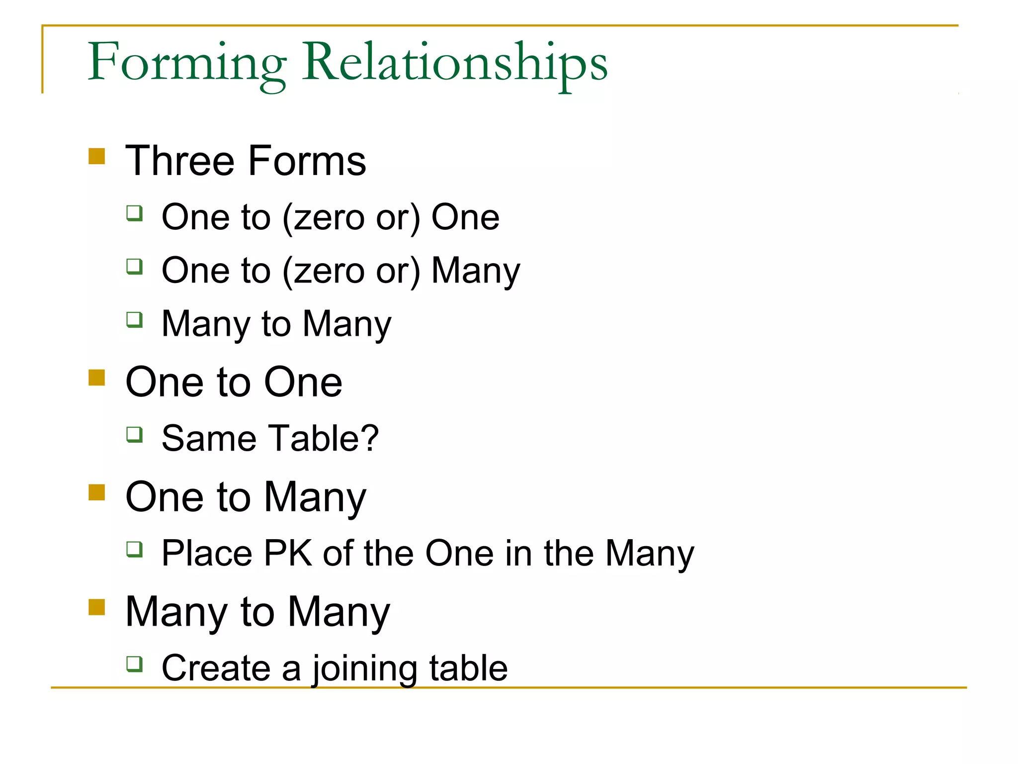 Forming Relationships


Three Forms






One to One




Same Table?

One to Many




One to (zero or) One
One to (zero or) Many
Many to Many

Place PK of the One in the Many

Many to Many


Create a joining table

 