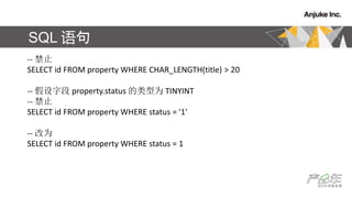 SQL 
-- ֹ
SELECT id FROM property WHERE CHAR_LENGTH(title) > 20
-- ֶ property.status Ϊ TINYINT
-- ֹ
SELECT id FROM property WHERE status = '1'
-- Ϊ
SELECT id FROM property WHERE status = 1
 