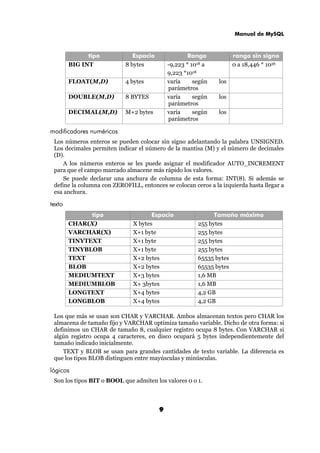 Manual de MySQL
9
tipo Espacio Rango rango sin signo
BIG INT 8 bytes -9,223 * 1018 a
9,223 *1018
0 a 18,446 * 1036
FLOAT(M,D) 4 bytes varía según los
parámetros
DOUBLE(M,D) 8 BYTES varía según los
parámetros
DECIMAL(M,D) M+2 bytes varía según los
parámetros
modificadores numéricos
Los números enteros se pueden colocar sin signo adelantando la palabra UNSIGNED.
Los decimales permiten indicar el número de la mantisa (M) y el número de decimales
(D).
A los números enteros se les puede asignar el modificador AUTO_INCREMENT
para que el campo marcado almacene más rápido los valores.
Se puede declarar una anchura de columna de esta forma: INT(8). Si además se
define la columna con ZEROFILL, entonces se colocan ceros a la izquierda hasta llegar a
esa anchura.
texto
tipo Espacio Tamaño máximo
CHAR(X) X bytes 255 bytes
VARCHAR(X) X+1 byte 255 bytes
TINYTEXT X+1 byte 255 bytes
TINYBLOB X+1 byte 255 bytes
TEXT X+2 bytes 65535 bytes
BLOB X+2 bytes 65535 bytes
MEDIUMTEXT X+3 bytes 1,6 MB
MEDIUMBLOB X+ 3bytes 1,6 MB
LONGTEXT X+4 bytes 4,2 GB
LONGBLOB X+4 bytes 4,2 GB
Los que más se usan son CHAR y VARCHAR. Ambos almacenan textos pero CHAR los
almacena de tamaño fijo y VARCHAR optimiza tamaño variable. Dicho de otra forma: si
definimos un CHAR de tamaño 8, cualquier registro ocupa 8 bytes. Con VARCHAR si
algún registro ocupa 4 caracteres, en disco ocupará 5 bytes independientemente del
tamaño indicado inicialmente.
TEXT y BLOB se usan para grandes cantidades de texto variable. La diferencia es
que los tipos BLOB distinguen entre mayúsculas y minúsculas.
lógicos
Son los tipos BIT o BOOL que admiten los valores 0 o 1.
 
