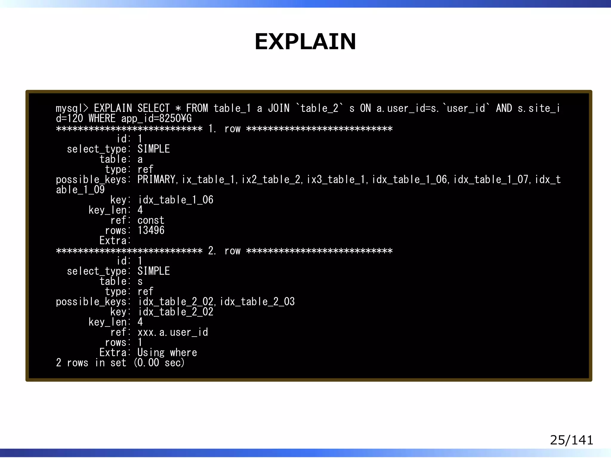 EXPLAIN
mysql> EXPLAIN SELECT * FROM table_1 a JOIN `table_2` s ON a.user_id=s.`user_id` AND s.site_i
d=120 WHERE app_id=8250G
*************************** 1. row ***************************
id: 1
select_type: SIMPLE
table: a
type: ref
possible_keys: PRIMARY,ix_table_1,ix2_table_2,ix3_table_1,idx_table_1_06,idx_table_1_07,idx_t
able_1_09
key: idx_table_1_06
key_len: 4
ref: const
rows: 13496
Extra:
*************************** 2. row ***************************
id: 1
select_type: SIMPLE
table: s
type: ref
possible_keys: idx_table_2_02,idx_table_2_03
key: idx_table_2_02
key_len: 4
ref: xxx.a.user_id
rows: 1
Extra: Using where
2 rows in set (0.00 sec)
25/141
 