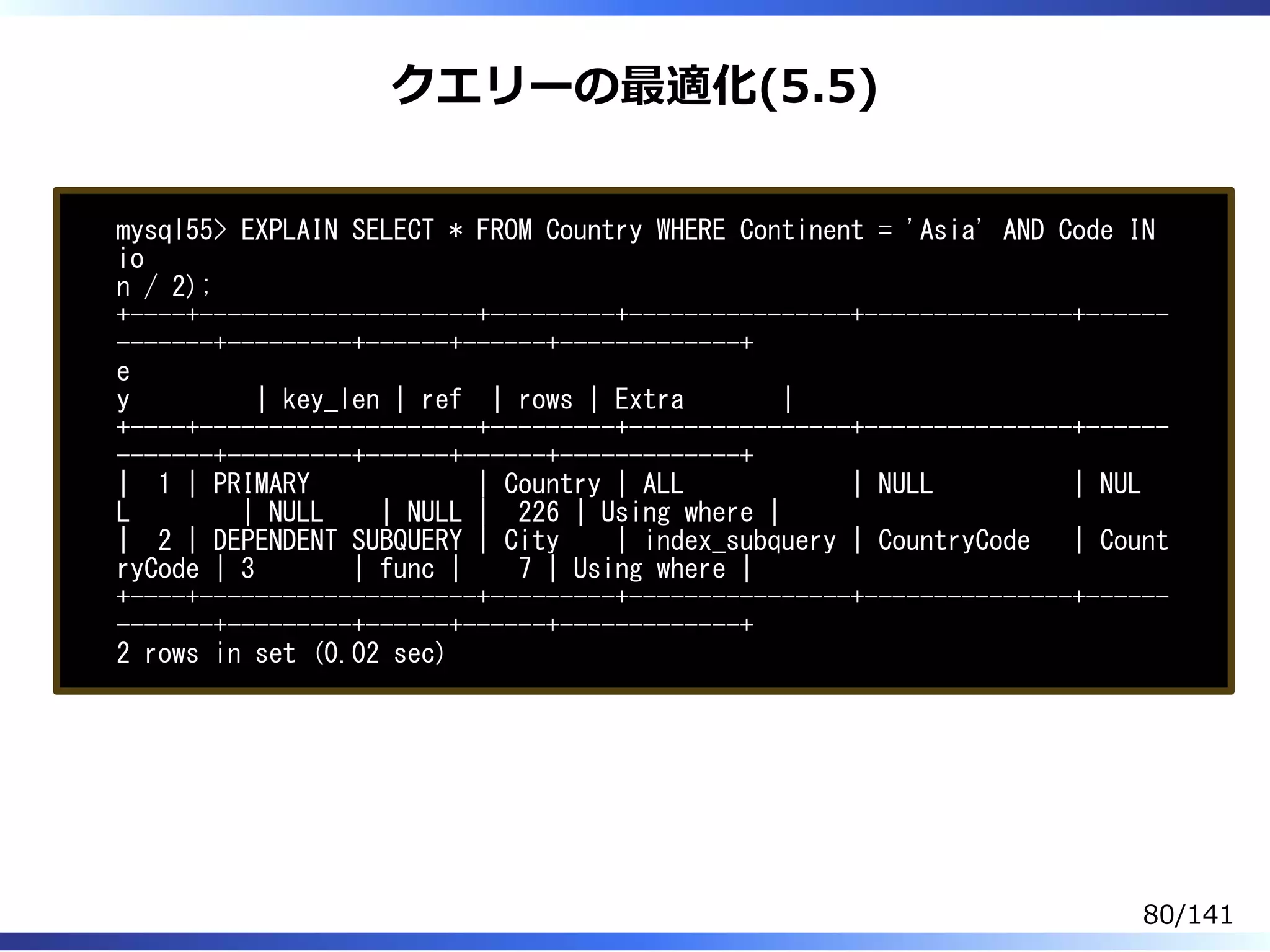 クエリーの最適化(5.5)
mysql55> EXPLAIN SELECT * FROM Country WHERE Continent = 'Asia' AND Code IN
io
n / 2);
+----+--------------------+---------+----------------+---------------+------
-------+---------+------+------+-------------+
e
y | key_len | ref | rows | Extra |
+----+--------------------+---------+----------------+---------------+------
-------+---------+------+------+-------------+
| 1 | PRIMARY | Country | ALL | NULL | NUL
L | NULL | NULL | 226 | Using where |
| 2 | DEPENDENT SUBQUERY | City | index_subquery | CountryCode | Count
ryCode | 3 | func | 7 | Using where |
+----+--------------------+---------+----------------+---------------+------
-------+---------+------+------+-------------+
2 rows in set (0.02 sec)
80/141
 