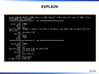 EXPLAIN
mysql> EXPLAIN SELECT * FROM table_1 a JOIN `table_2` s ON a.user_id=s.`user_id` AND s.site_i
d=120 WHERE app_id=8250G
*************************** 1. row ***************************
id: 1
select_type: SIMPLE
table: a
type: ref
possible_keys: PRIMARY,ix_table_1,ix2_table_2,ix3_table_1,idx_table_1_06,idx_table_1_07,idx_t
able_1_09
key: idx_table_1_06
key_len: 4
ref: const
rows: 13496
Extra:
*************************** 2. row ***************************
id: 1
select_type: SIMPLE
table: s
type: ref
possible_keys: idx_table_2_02,idx_table_2_03
key: idx_table_2_02
key_len: 4
ref: xxx.a.user_id
rows: 1
Extra: Using where
2 rows in set (0.00 sec)
25/141
 