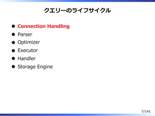 クエリーのライフサイクル
Connection Handling
Parser
Optimizer
Executor
Handler
Storage Engine
7/141
 