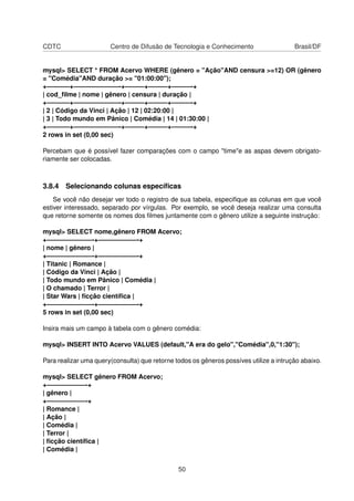 CDTC Centro de Difusão de Tecnologia e Conhecimento Brasil/DF
mysql> SELECT * FROM Acervo WHERE (gênero = "Ação"AND censura >=12) OR (gênero
= "Comédia"AND duração >= "01:00:00");
+———–+———————-+———+———+———-+
| cod_ﬁlme | nome | gênero | censura | duração |
+———–+———————-+———+———+———-+
| 2 | Código da Vinci | Ação | 12 | 02:20:00 |
| 3 | Todo mundo em Pânico | Comédia | 14 | 01:30:00 |
+———–+———————-+———+———+———-+
2 rows in set (0,00 sec)
Percebam que é possível fazer comparações com o campo "time"e as aspas devem obrigato-
riamente ser colocadas.
3.8.4 Selecionando colunas especíﬁcas
Se você não desejar ver todo o registro de sua tabela, especiﬁque as colunas em que você
estiver interessado, separado por vírgulas. Por exemplo, se você deseja realizar uma consulta
que retorne somente os nomes dos ﬁlmes juntamente com o gênero utilize a seguinte instrução:
mysql> SELECT nome,gênero FROM Acervo;
+———————-+——————-+
| nome | gênero |
+———————-+——————-+
| Titanic | Romance |
| Código da Vinci | Ação |
| Todo mundo em Pânico | Comédia |
| O chamado | Terror |
| Star Wars | ﬁcção cientíﬁca |
+———————-+——————-+
5 rows in set (0,00 sec)
Insira mais um campo à tabela com o gênero comédia:
mysql> INSERT INTO Acervo VALUES (default,"A era do gelo","Comédia",0,"1:30");
Para realizar uma query(consulta) que retorne todos os gêneros possíves utilize a intrução abaixo.
mysql> SELECT gênero FROM Acervo;
+——————-+
| gênero |
+——————-+
| Romance |
| Ação |
| Comédia |
| Terror |
| ﬁcção cientíﬁca |
| Comédia |
50
 