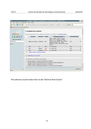 CDTC Centro de Difusão de Tecnologia e Conhecimento Brasil/DF
Para adicionar usuários basta cilicar na aba "Adicionar Novo Usuário"
72
 
