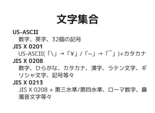 文字集合文字集合
US-ASCII
数字、英字、32個の記号
JIS X 0201
US-ASCII(「」→「¥」/「~」→「‾」)+カタカ
ナ
JIS X 0208
数字、ひらがな、カタカナ、漢字、ラテン文字、
ギリシャ文字、記号等々
JIS X 0213
JIS X 0208 + 第三水準/第四水準、ローマ数字、
鼻濁音文字等々
 
