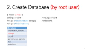 2. Create Database (by root user)
$ mysql -u root -p
Enter password: # input password
mysql> create database college; # create DB
mysql> show databases;
3
Database
information_schema
college
mysql
performance_schema
sys
wordpress
 