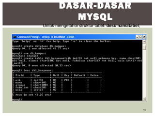 15
DASAR-DASAR
MYSQL
Untuk mengetahui struktur tabel: desc namatabel;
 
