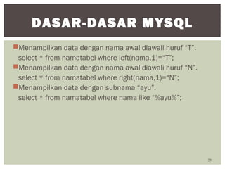 Menampilkan data dengan nama awal diawali huruf “T”.
select * from namatabel where left(nama,1)=“T”;
Menampilkan data dengan nama awal diawali huruf “N”.
select * from namatabel where right(nama,1)=“N”;
Menampilkan data dengan subnama “ayu”.
select * from namatabel where nama like “%ayu%”;
21
DASAR-DASAR MYSQL
 