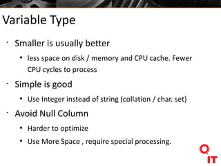 Variable Type
•
Smaller is usually better
●
less space on disk / memory and CPU cache. Fewer
CPU cycles to process
•
Simple is good
●
Use Integer instead of string (collation / char. set)
•
Avoid Null Column
●
Harder to optimize
●
Use More Space , require special processing.
 