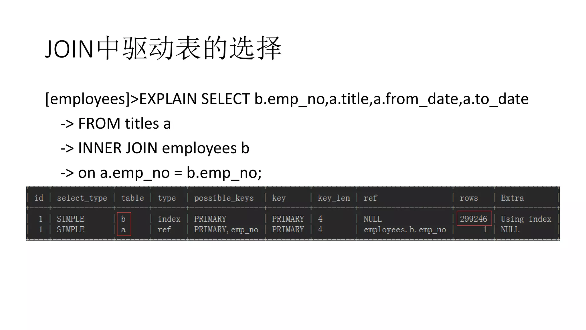 JOIN中驱动表的选择
[employees]>EXPLAIN SELECT b.emp_no,a.title,a.from_date,a.to_date
-> FROM titles a
-> INNER JOIN employees b
-> on a.emp_no = b.emp_no;
 