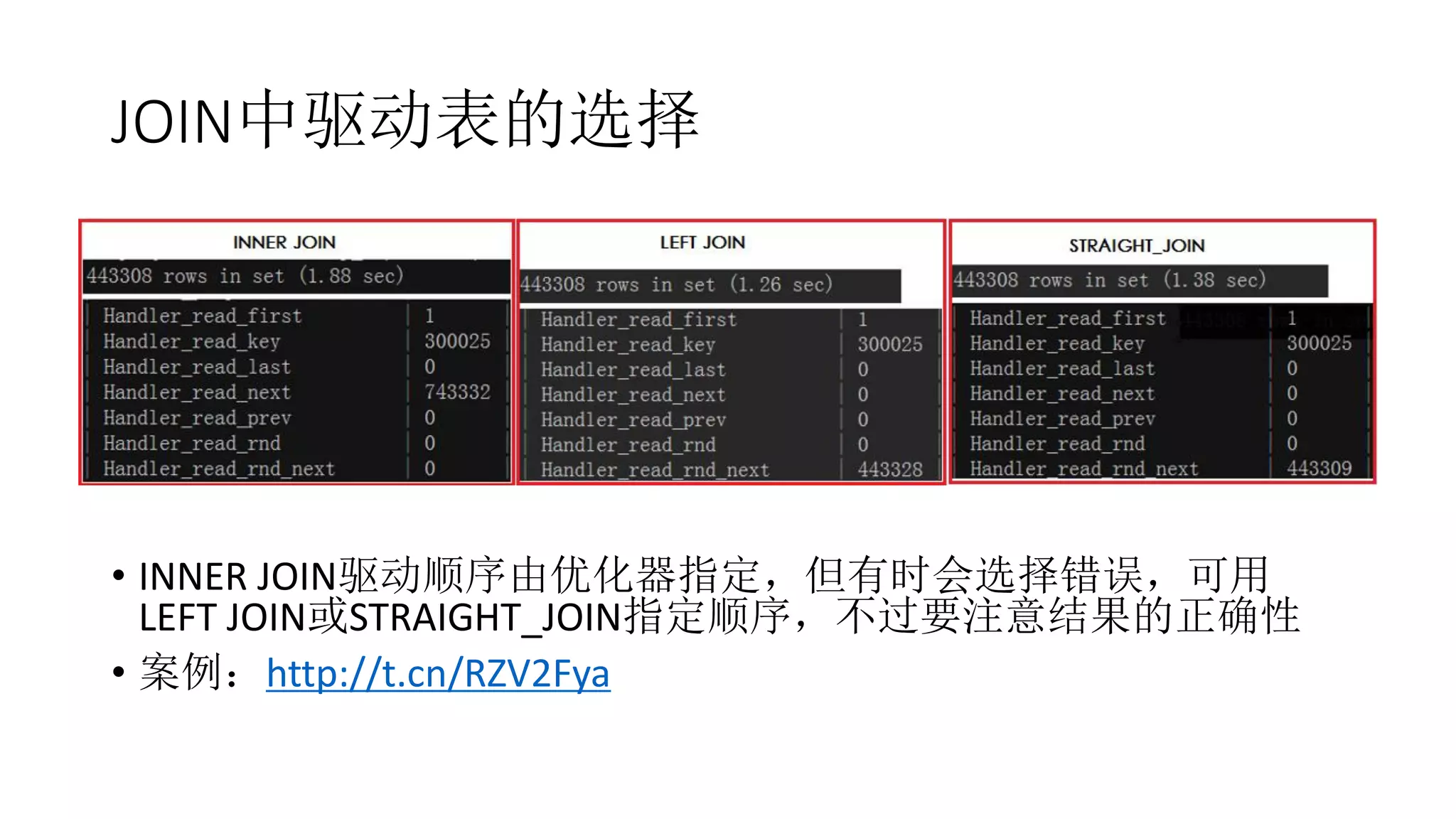 JOIN中驱动表的选择
• INNER JOIN驱动顺序由优化器指定，但有时会选择错误，可用
LEFT JOIN或STRAIGHT_JOIN指定顺序，不过要注意结果的正确性
• 案例：http://t.cn/RZV2Fya
 