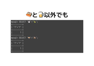 �������������������と�����������������以外でも
mysql> SELECT '����������'='�������������';
+---------+
| '?'='?' |
+---------+
| 1 |
+---------+
mysql> SELECT '����������'='�����';
+---------+
| '?'='?' |
+---------+
| 1 |
+---------+
 