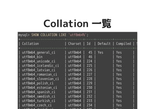 Collation 一覧Collation 一覧
mysql> SHOW COLLATION LIKE 'utf8mb4%';
+------------------------+---------+-----+---------+----------+---------+
| Collation | Charset | Id | Default | Compiled | Sortlen |
+------------------------+---------+-----+---------+----------+---------+
| utf8mb4_general_ci | utf8mb4 | 45 | Yes | Yes | 1 |
| utf8mb4_bin | utf8mb4 | 46 | | Yes | 1 |
| utf8mb4_unicode_ci | utf8mb4 | 224 | | Yes | 8 |
| utf8mb4_icelandic_ci | utf8mb4 | 225 | | Yes | 8 |
| utf8mb4_latvian_ci | utf8mb4 | 226 | | Yes | 8 |
| utf8mb4_romanian_ci | utf8mb4 | 227 | | Yes | 8 |
| utf8mb4_slovenian_ci | utf8mb4 | 228 | | Yes | 8 |
| utf8mb4_polish_ci | utf8mb4 | 229 | | Yes | 8 |
| utf8mb4_estonian_ci | utf8mb4 | 230 | | Yes | 8 |
| utf8mb4_spanish_ci | utf8mb4 | 231 | | Yes | 8 |
| utf8mb4_swedish_ci | utf8mb4 | 232 | | Yes | 8 |
| utf8mb4_turkish_ci | utf8mb4 | 233 | | Yes | 8 |
| utf8mb4_czech_ci | utf8mb4 | 234 | | Yes | 8 |
 