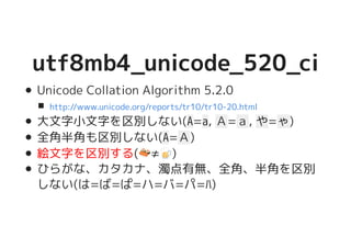 utf8mb4_unicode_520_ciutf8mb4_unicode_520_ci
Unicode Collation Algorithm 5.2.0
大文字小文字を区別しない(A=a, Ａ=ａ, や=ゃ)
全角半角も区別しない(A=Ａ)
絵文字を区別する(�������������������≠�����������������)
ひらがな、カタカナ、濁点有無、全角、半角を区別
しない(は=ば=ぱ=ハ=バ=パ=ﾊ)
http://www.unicode.org/reports/tr10/tr10-20.html
 