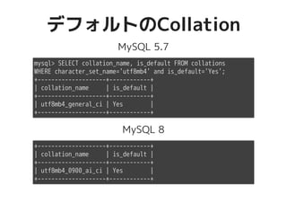 デフォルトのCollationデフォルトのCollation
MySQL 5.7
mysql> SELECT collation_name, is_default FROM collations
WHERE character_set_name='utf8mb4' and is_default='Yes';
+--------------------+------------+
| collation_name | is_default |
+--------------------+------------+
| utf8mb4_general_ci | Yes |
+--------------------+------------+
MySQL 8
+--------------------+------------+
| collation_name | is_default |
+--------------------+------------+
| utf8mb4_0900_ai_ci | Yes |
+--------------------+------------+
 