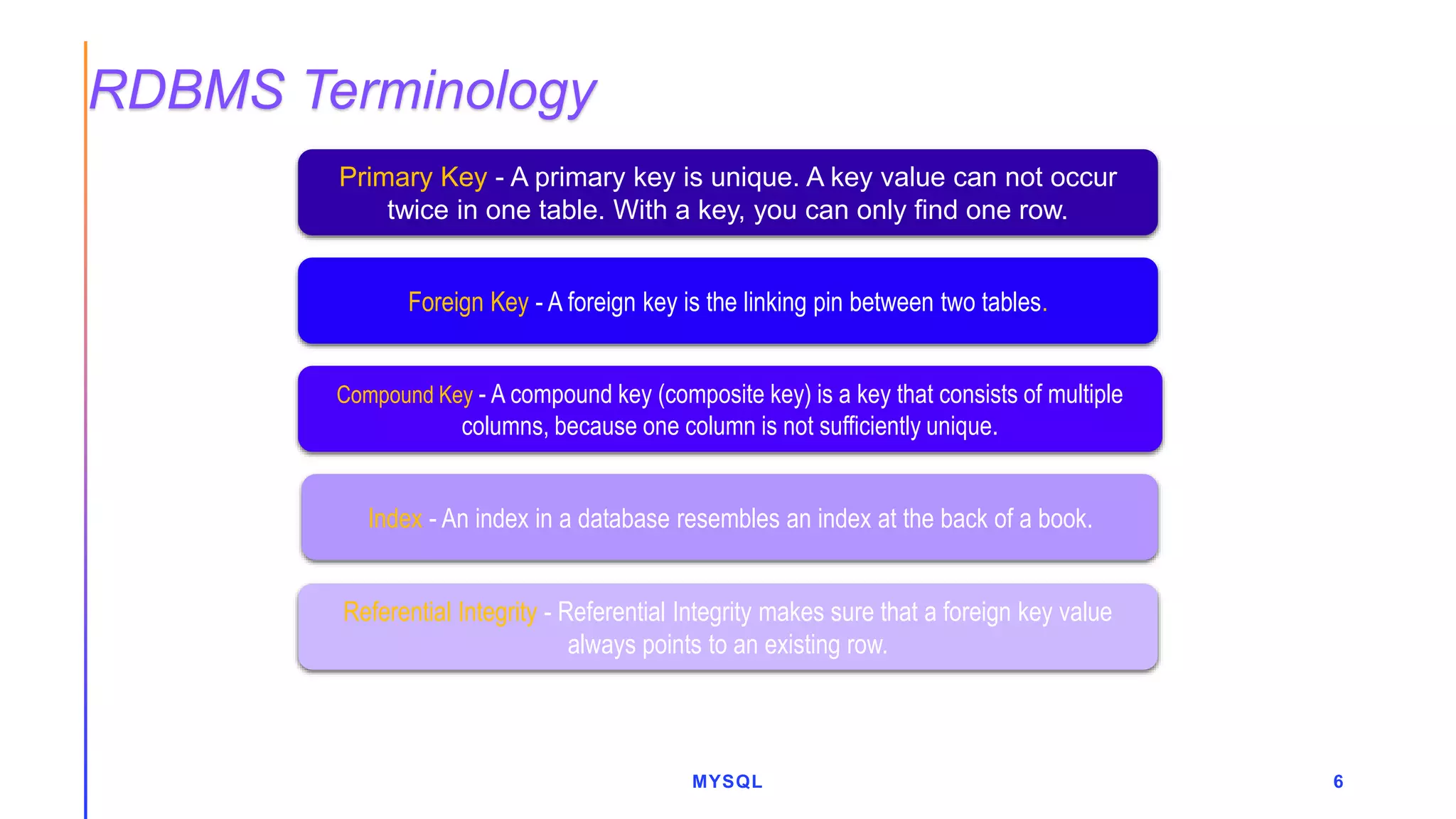 MYSQL 6
RDBMS Terminology
Primary Key - A primary key is unique. A key value can not occur
twice in one table. With a key, you can only find one row.
Foreign Key - A foreign key is the linking pin between two tables.
Index - An index in a database resembles an index at the back of a book.
Referential Integrity - Referential Integrity makes sure that a foreign key value
always points to an existing row.
Compound Key - A compound key (composite key) is a key that consists of multiple
columns, because one column is not sufficiently unique.
 