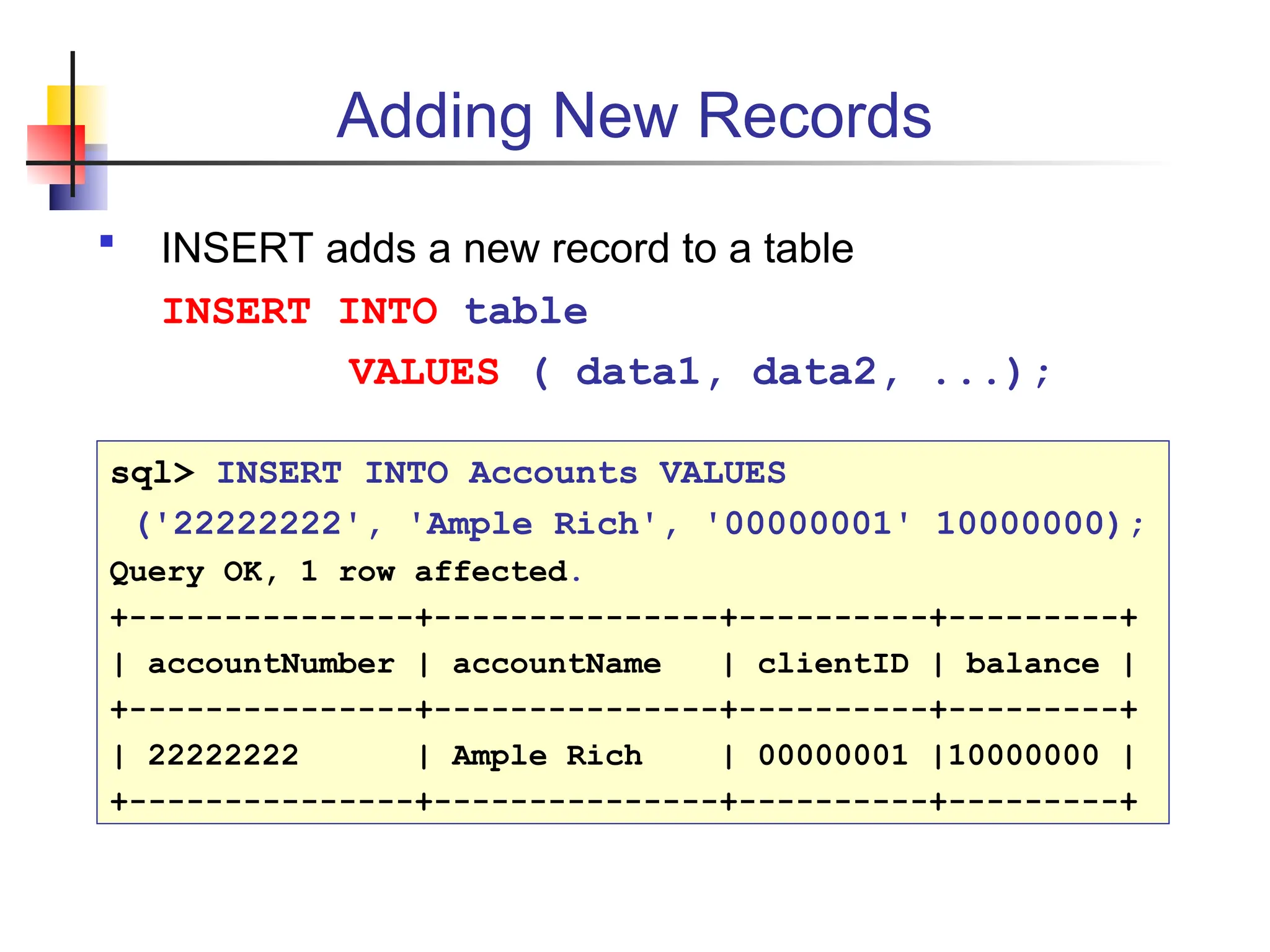 Adding New Records  INSERT adds a new record to a table INSERT INTO table VALUES ( data1, data2, ...); sql> INSERT INTO Accounts VALUES ('22222222', 'Ample Rich', '00000001' 10000000); Query OK, 1 row affected. +---------------+---------------+----------+---------+ | accountNumber | accountName | clientID | balance | +---------------+---------------+----------+---------+ | 22222222 | Ample Rich | 00000001 |10000000 | +---------------+---------------+----------+---------+ 