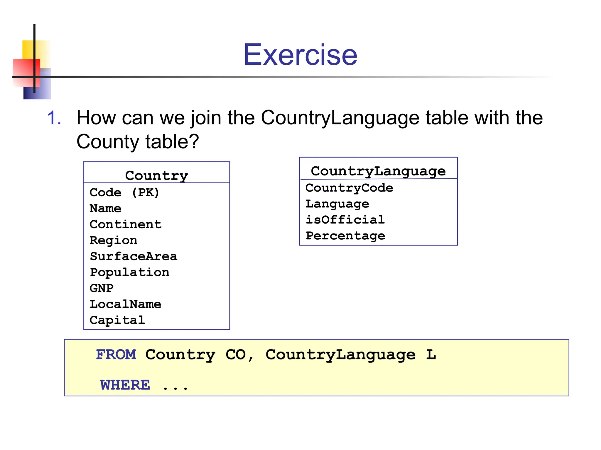 Exercise 1. How can we join the CountryLanguage table with the County table? Country Code (PK) Name Continent Region SurfaceArea Population GNP LocalName Capital CountryLanguage CountryCode Language isOfficial Percentage FROM Country CO, CountryLanguage L WHERE ... 