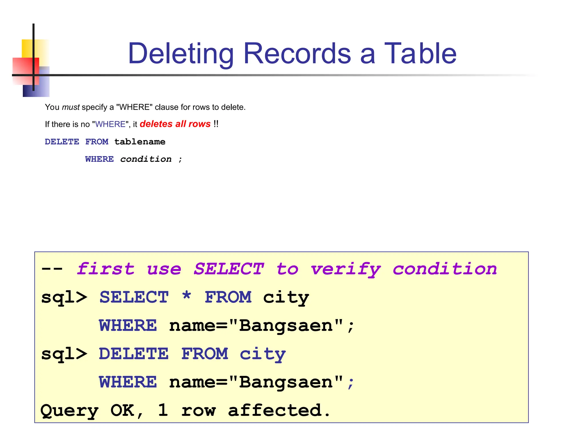 Deleting Records a Table You must specify a "WHERE" clause for rows to delete. If there is no "WHERE", it deletes all rows !! DELETE FROM tablename WHERE condition ; -- first use SELECT to verify condition sql> SELECT * FROM city WHERE name="Bangsaen"; sql> DELETE FROM city WHERE name="Bangsaen"; Query OK, 1 row affected. 