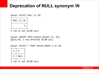 Deprecation of NULL synonym N
mysql>	
  SELECT	
  NULL	
  is	
  N; 
+-­‐-­‐-­‐-­‐-­‐-­‐-­‐-­‐-­‐-­‐-­‐-­‐+ 
|	
  NULL	
  is	
  N	
  | 
+-­‐-­‐-­‐-­‐-­‐-­‐-­‐-­‐-­‐-­‐-­‐-­‐+ 
|	
  	
  	
  	
  	
  	
  	
  	
  	
  	
  1	
  | 
+-­‐-­‐-­‐-­‐-­‐-­‐-­‐-­‐-­‐-­‐-­‐-­‐+ 
1	
  row	
  in	
  set	
  (0.00	
  sec)	
  
 
mysql>	
  INSERT	
  INTO	
  tablea	
  VALUES	
  (3,	
  N); 
Query	
  OK,	
  1	
  row	
  affected	
  (0.00	
  sec)	
  
 
mysql>	
  SELECT	
  *	
  FROM	
  tablea	
  WHERE	
  b	
  IS	
  N; 
+-­‐-­‐-­‐+-­‐-­‐-­‐-­‐-­‐-­‐+ 
|	
  a	
  |	
  b	
  	
  	
  	
  | 
+-­‐-­‐-­‐+-­‐-­‐-­‐-­‐-­‐-­‐+ 
|	
  3	
  |	
  NULL	
  | 
+-­‐-­‐-­‐+-­‐-­‐-­‐-­‐-­‐-­‐+ 
1	
  row	
  in	
  set	
  (0.00	
  sec)

 