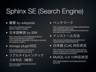 Sphinx SE (Search Engine)
概要 by wikipedia
http://en.wikipedia.org/wiki/
Sphinx_(search_engine)
日本語解説 by IBM
http://www.ibm.com/developerworks/jp/
opensource/library/os-sphinx/?
cmp=dw&cpb=dwope&ct=dwrss&cr=dwrss&
ccy=jp&csr=120911
storage plugin対応
http://sphinxsearch.com/docs/
current.html#sphinxse-using
リアルタイムインデック
ス非対応（疑惑）
http://www.slideshare.net/conmame/
ss-12117195/9
ベンチマーク
http://www.percona.com/ﬁles//presentations/
opensql2008_sphinx.pdf
http://www.slideshare.net/billkarwin/practical-full-
text-search-with-my-sql
インストール方法
http://www.howtoforge.com/sphinx-as-
mysql-storage-engine-sphinxse
日本語 (CJK) 対応状況
http://www.ivinco.com/blog/using-sphinx-
search-engine-with-chinese-japanese-and-
korean-language-documents/
MySQL-5.6.10対応状況
http://sphinxsearch.com/bugs/view.php?
id=1419
 
