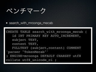 ベンチマーク
search_with_mroonga_mecab
CREATE TABLE search_with_mroonga_mecab (
id INT PRIMARY KEY AUTO_INCREMENT,
subject TEXT,
content TEXT,
FULLTEXT (subject,content) COMMENT
'parser "TokenMecab"'
) ENGINE=mroonga DEFAULT CHARSET utf8
collate utf8_unicode_ci ;
 