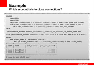 Example 
Which account fails to close connections?
SELECT  
ess.USER, 
ess.HOST, 
(a.TOTAL_CONNECTIONS - a.CURRENT_CONNECTIONS) - ess.COUNT_STAR not_closed, 
((a.TOTAL_CONNECTIONS - a.CURRENT_CONNECTIONS) - ess.COUNT_STAR) * 100 /  
(a.TOTAL_CONNECTIONS - a.CURRENT_CONNECTIONS) pct_not_closed 
FROM!
performance_schema.events_statements_summary_by_account_by_event_name ess!
JOIN performance_schema.accounts a ON (ess.USER = a.USER AND ess.HOST = a.HOST)!
WHERE 
ess.EVENT_NAME = 'statement/com/Quit' 
AND (a.TOTAL_CONNECTIONS - a.CURRENT_CONNECTIONS) > ess.COUNT_STAR; 
+------+-----------+------------+----------------+ 
| USER | HOST
| not_closed | pct_not_closed | 
+------+-----------+------------+----------------+ 
| root | localhost |
4 |
44.4444 | 
| ODBC | localhost |
1 |
100.0000 | 
+------+-----------+------------+----------------+!
2 rows in set (0.00 sec)

 