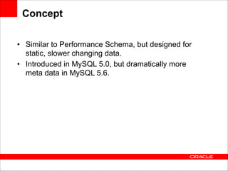 Concept
• Similar to Performance Schema, but designed for
static, slower changing data.
• Introduced in MySQL 5.0, but dramatically more
meta data in MySQL 5.6.

 