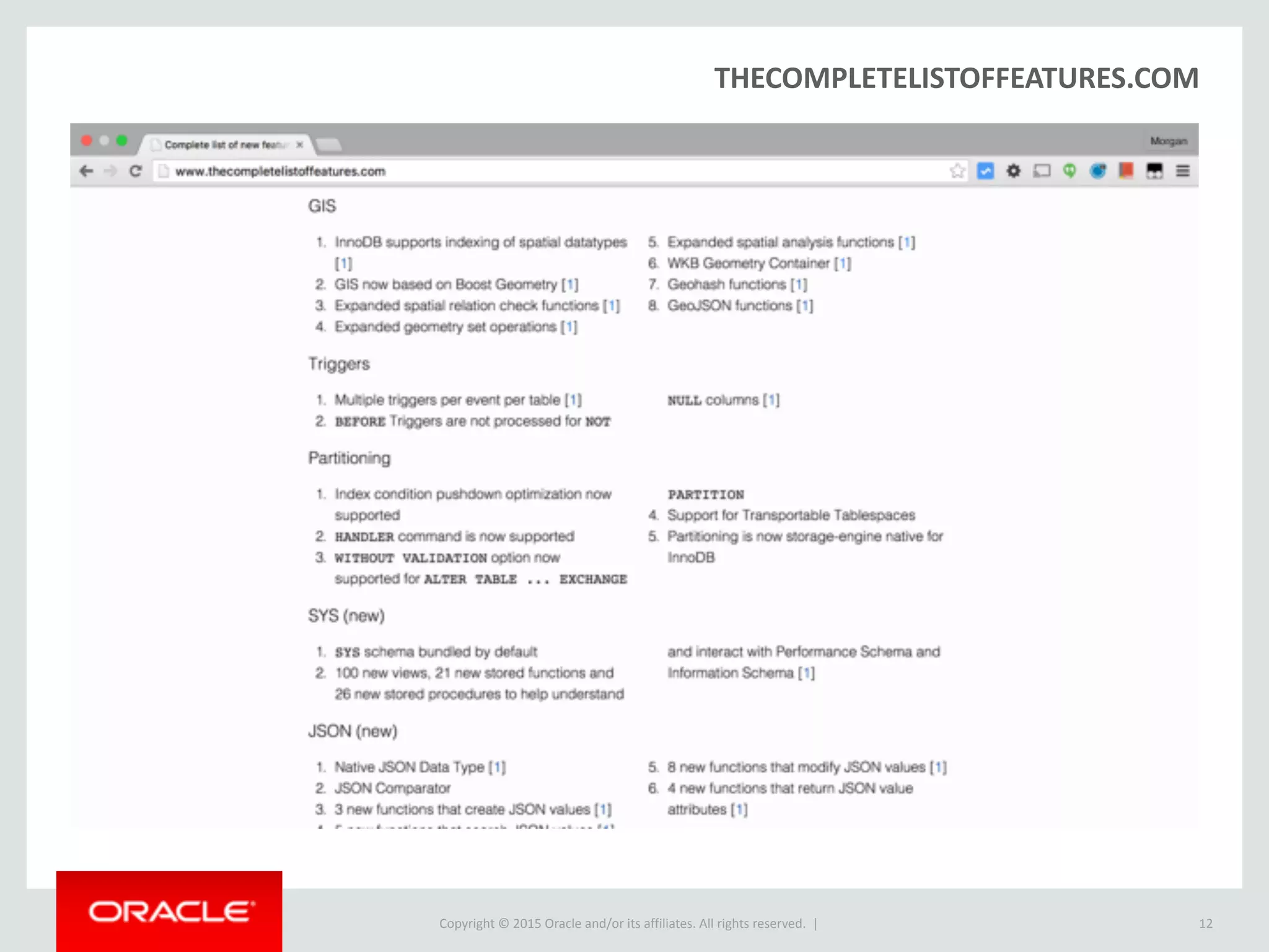 Copyright © 2016, Oracle and/or its affiliates. All rights reserved. |
JSON Type Tech Specs (cont.)
• Supports all native JSON types
• Numbers, strings, bool
• Objects, arrays
• Extended
• Date, time, datetime, timestamp
• Other
12
 