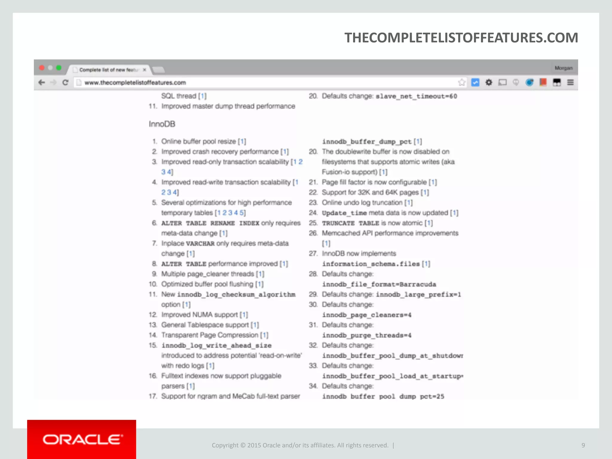 Copyright © 2016, Oracle and/or its affiliates. All rights reserved. |
Core New JSON features in MySQL 5.7
1. Native JSON datatype
2. JSON Functions
3. Generated Columns
9
Confidential – Oracle
 