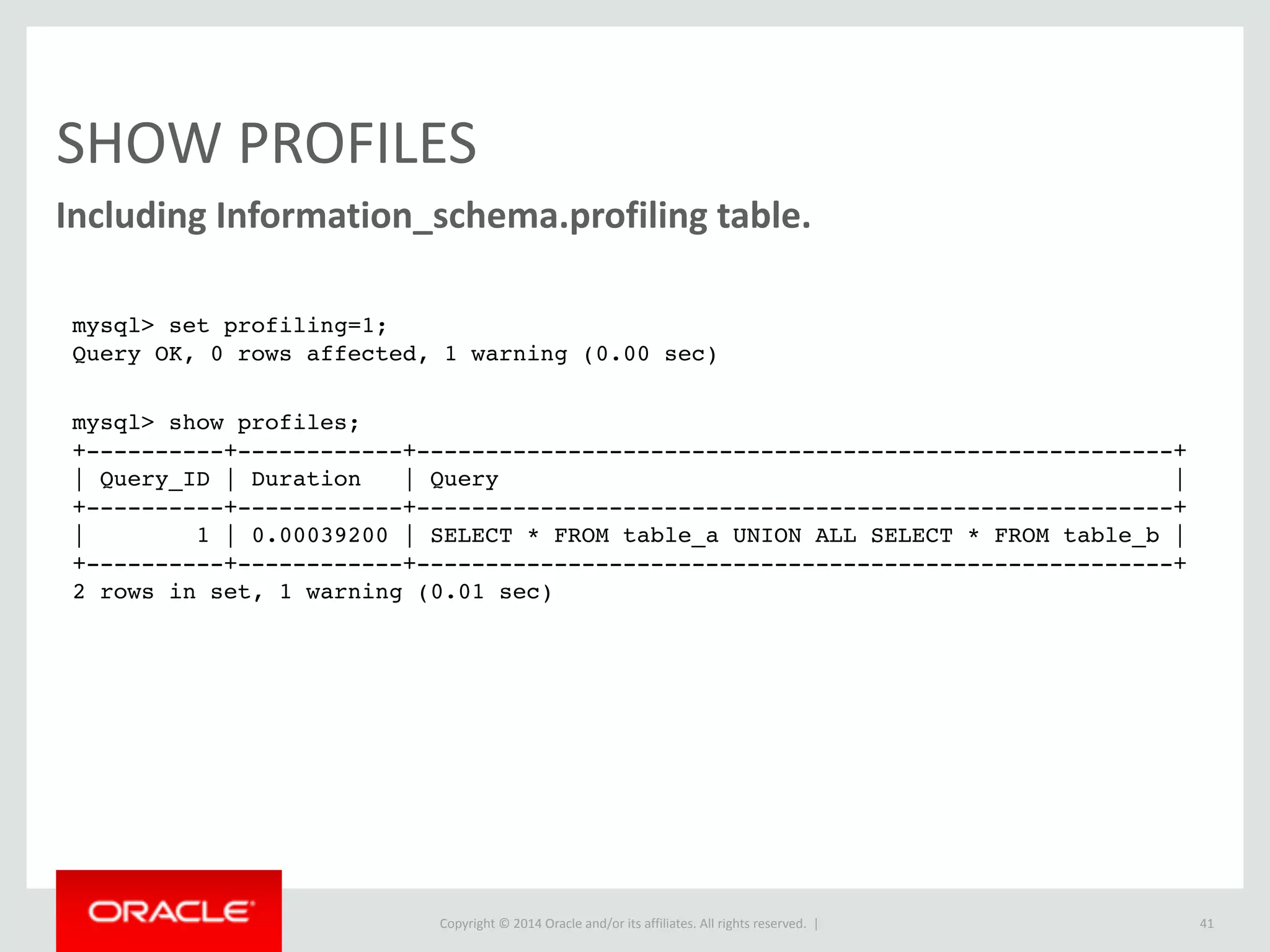 Copyright	
  ©	
  2015	
  Oracle	
  and/or	
  its	
  affiliates.	
  All	
  rights	
  reserved.	
  	
  |
SQL	
  Modes
• Fewer	
  surprises	
  caused	
  by	
  how	
  edge	
  cases	
  are	
  handled:	
  
• Very	
  good	
  for	
  new	
  applications	
  
• May	
  need	
  to	
  be	
  disabled	
  for	
  those	
  upgrading*
41
[mysqld] 
sql-mode=“ONLY_FULL_GROUP_BY, 
STRICT_TRANS_TABLES, 
NO_ENGINE_SUBSTITUTION, 
NO_AUTO_CREATE_USER"
* http://www.tocker.ca/2014/09/01/suggestions-­‐for-­‐transitioning-­‐into-­‐strict-­‐sql-­‐mode.html
 