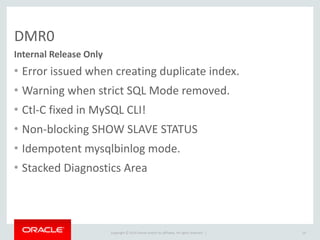 Copyright	
  ©	
  2015	
  Oracle	
  and/or	
  its	
  affiliates.	
  All	
  rights	
  reserved.	
  	
  |
DMR0
• Error	
  issued	
  when	
  creating	
  duplicate	
  index.	
  
• Warning	
  when	
  strict	
  SQL	
  Mode	
  removed.	
  
• Ctl-­‐C	
  fixed	
  in	
  MySQL	
  CLI!	
  
• Non-­‐blocking	
  SHOW	
  SLAVE	
  STATUS	
  
• Idempotent	
  mysqlbinlog	
  mode.	
  
• Stacked	
  Diagnostics	
  Area
16
Internal	
  Release	
  Only
 