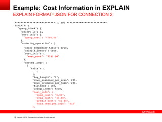 Copyright	
  ©	
  2015	
  Oracle	
  and/or	
  its	
  affiliates.	
  All	
  rights	
  reserved.	
  	
  |
Example:	
  Cost	
  Information	
  in	
  EXPLAIN
19
EXPLAIN	
  FORMAT=JSON	
  FOR	
  CONNECTION	
  2;
*************************** 1. row *************************** 
EXPLAIN: { 
"query_block": { 
"select_id": 1, 
"cost_info": { 
"query_cost": "4786.00" 
}, 
"ordering_operation": {
"using_temporary_table": true, 
"using_filesort": true, 
"cost_info": { 
"sort_cost": "2151.00" 
}, 
"nested_loop": [ 
{ 
"table": { 
.. 
], 
"key_length": "3", 
"rows_examined_per_scan": 239, 
"rows_produced_per_join": 239, 
"filtered": 100, 
"using_index": true, 
"cost_info": { 
"read_cost": "6.00", 
"eval_cost": "47.80", 
"prefix_cost": "53.80", 
"data_read_per_join": "61K" 
},
..
 