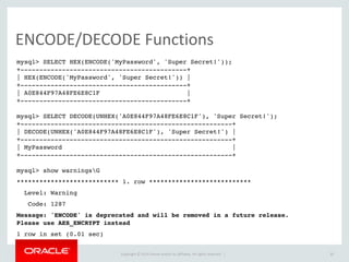Copyright	
  ©	
  2015	
  Oracle	
  and/or	
  its	
  affiliates.	
  All	
  rights	
  reserved.	
  	
  |
Errors,	
  Warnings	
  &	
  Logging
39
[mysqld] 
log_slow_admin_statements=1
log_slow_slave_statements=1
long-query-time=2
log-queries-not-using-indexes=1
min-examined-row-limit=1000
log_warnings=2
 