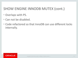 Copyright	
  ©	
  2015	
  Oracle	
  and/or	
  its	
  affiliates.	
  All	
  rights	
  reserved.	
  	
  |
IGNORE
• Reimplemented,	
  motivated	
  by	
  code	
  cleanup.	
  
• Similar	
  to	
  strict:	
  
• Some	
  behaviour	
  changed	
  to	
  be	
  more	
  consistent	
  
between	
  statements.
54
 