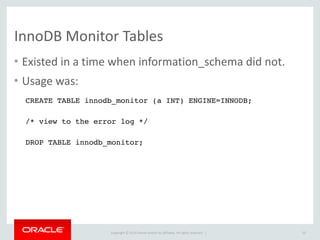 Copyright	
  ©	
  2015	
  Oracle	
  and/or	
  its	
  affiliates.	
  All	
  rights	
  reserved.	
  	
  |
DELAYED
• Usage	
  was	
  deprecated	
  in	
  5.6.	
  
• Syntax	
  has	
  been	
  kept	
  but	
  functionality	
  has	
  now	
  been	
  
removed.	
  	
  i.e.	
  identical	
  behaviour:	
  
• INSERT	
  DELAYED	
  INTO	
  my_table	
  (..)	
  VALUES	
  (..);	
  
• INSERT	
  INTO	
  my_table	
  (..)	
  VALUES	
  (..);
55
 
