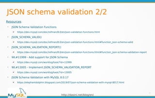 http://dasini.net/blog/en/
JSON schema validation 2/2
17
Resources
➢
JSON Schema Validation Functions
✔ https://dev.mysql.com/doc/refman/8.0/en/json-validation-functions.html
➢
JSON_SCHEMA_VALID()
✔ https://dev.mysql.com/doc/refman/8.0/en/json-validation-functions.html#function_json-schema-valid
➢
JSON_SCHEMA_VALIDATION_REPORT()
✔ https://dev.mysql.com/doc/refman/8.0/en/json-validation-functions.html#function_json-schema-validation-report
➢
WL#11999 - Add support for JSON Schema
✔ https://dev.mysql.com/worklog/task/?id=11999
➢
WL#13005 - Implement JSON_SCHEMA_VALIDATION_REPORT
✔ https://dev.mysql.com/worklog/task/?id=13005
➢
JSON Schema Validation with MySQL 8.0.17
✔ https://elephantdolphin.blogspot.com/2019/07/json-schema-validation-with-mysql-8017.html
 