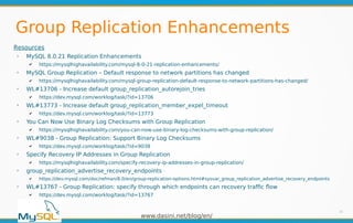 www.dasini.net/blog/en/
Group Replication Enhancements
35
Resources
➢
MySQL 8.0.21 Replication Enhancements
✔ https://mysq...